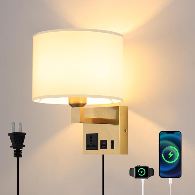 Plug in Wall Light, Wall Lamp with Brass Base Cylindrical Shape | Wall Light for Living Room Bedroom Hotel, Bedside Lamp Bulb Included, Wall Mounted Lamp with AC Outlet & USBA+C Charging Port