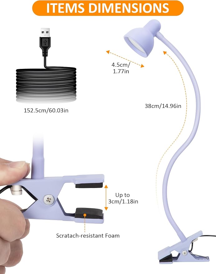 Clip on Lamp USB Reading Light, 3 Color Modes Purple | 10 Brightness Dimmable, Flexible Gooseneck Desk Lamp with Clamp, Eye Care Clip on Light for Bed Headboard Desk Home Dorm