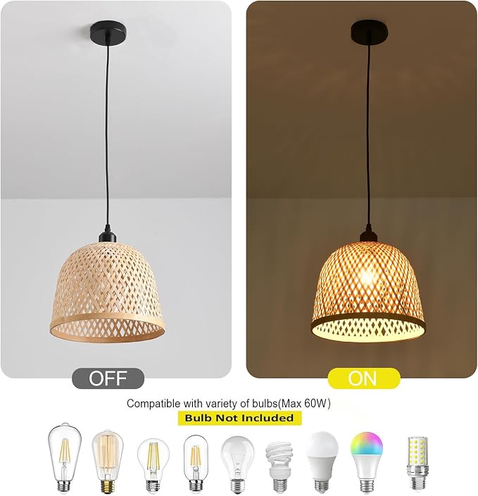 3-Pack Bamboo Pendant Light Mini Rattan Chandelier | 9.8" Boho Bamboo Rattan Pendant Lights,Hand Woven Rattan Chandelier for Kitchen Island Dining Bedroom Living Room