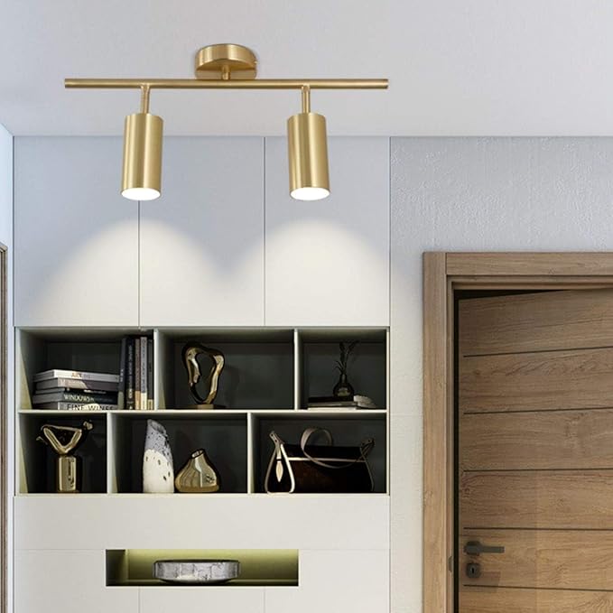 KCO Lighting Modern 2-Light Gold Track Lighting Fixture Flush Mount Brushed Brass Track Lights Kit Mid Century Industrial Adjustable Ceiling Spot Lights Indoor for Kitchen Island (2-Light)