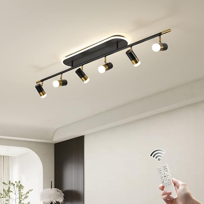 Jaycomey Modern LED Ceiling Lights, Dimmable 6-Light Flush Mount Ceiling Lamp Fixture with Remote, 51'' Black and Gold Directional Ceiling Ligting for Hallway Kitchen Bedroom Entry (60W/3600 Lumens)