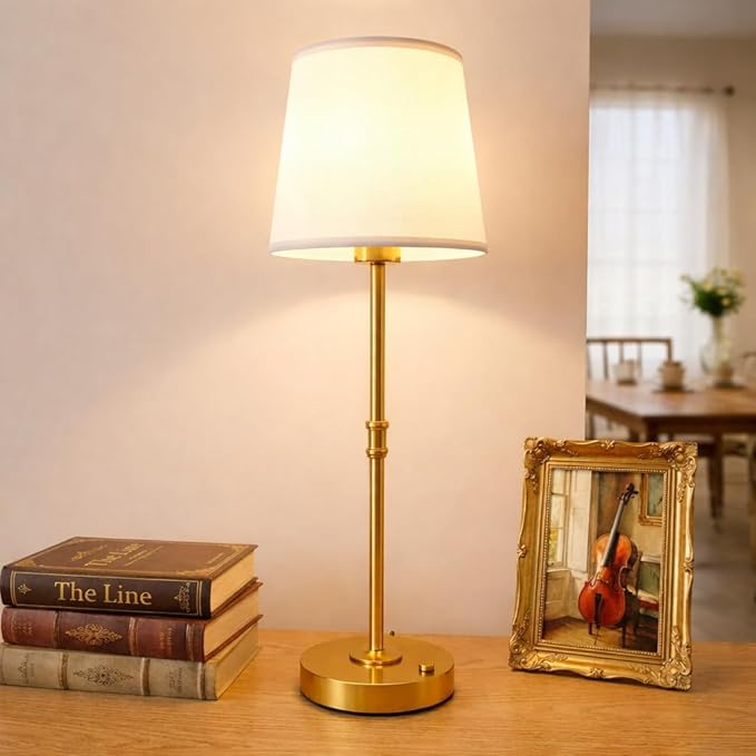 Gold Portable Cordless Table Lamp, Rechargeable Bedside Lamp, Tall | 3000mAh battery, touch stepless dimming, 2700K warm light, fabric shade and USB-C charging for bedroom, nightstand and desk.