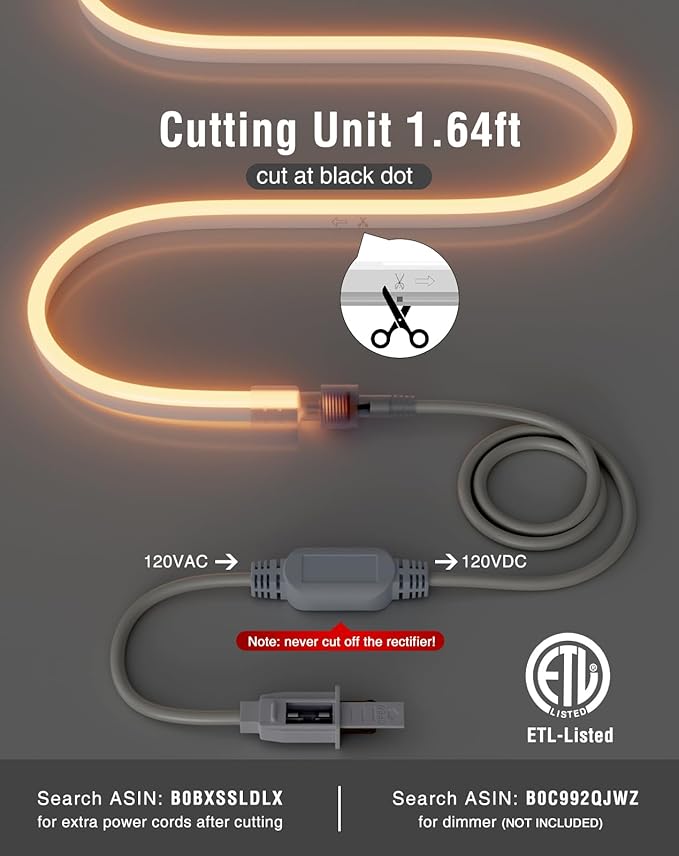 50FT LED Neon Rope Lights, Bright 2500K Warm White AC110V-120V Neon Strip Light, 8x16mm Cuttable Waterproof SMD2835 120LED/M Indoor Outdoor Light Strips, DIY Ambiance Lighting Decoration