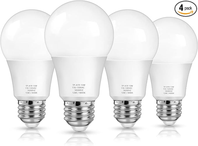 MAXvolador A19 LED Light Bulbs, 100 Watt Equivalent, Neutral White 4000K, 1500LM, E26 Base, Non-Dimmable, 13W Bright White LED Bulb, 4-Pack