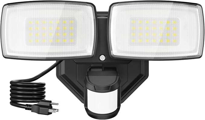Onforu 32W Plug in Motion Sensor Lights Outdoor, 3200LM Motion Flood Light Dusk to Dawn, IP65 Waterproof Led Security Light Outside, 2 Heads Motion Activated Wall Light for Garage, Porch, Yard - Black