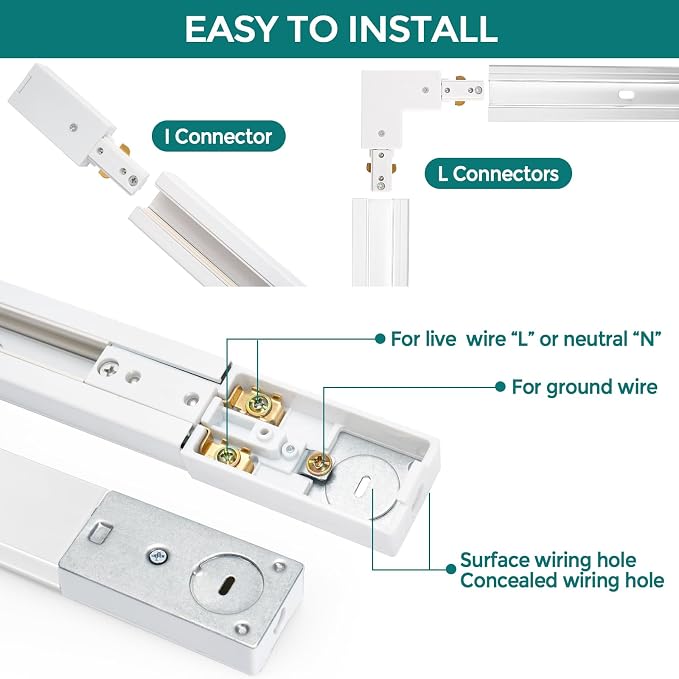 H Track Lighting Rails Kit - iCreating 26ft White Track Light Tracks 3 Wire with Floating Canopy Connector, I and L Connectors for Single Circuit H Type LED Tracks Lighting Heads Fixtures