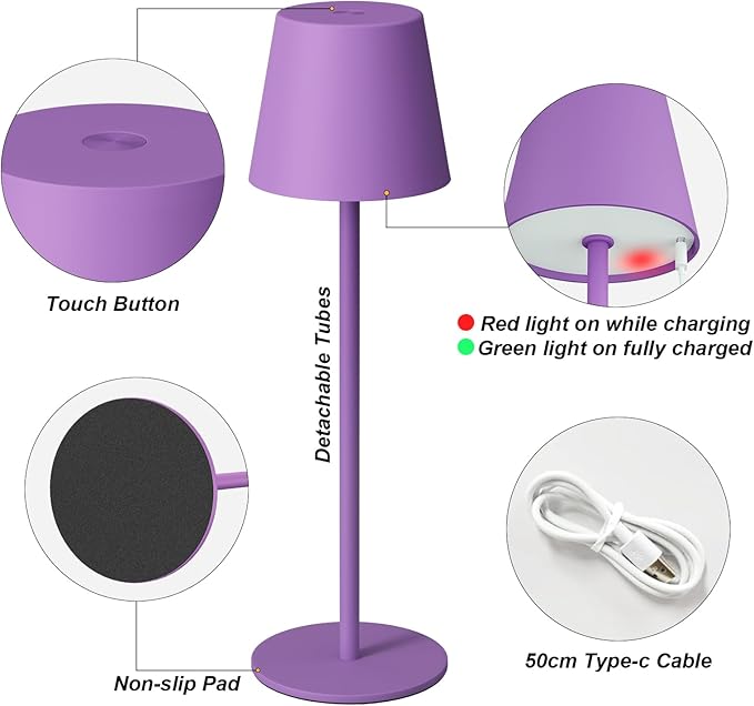 Kakanuo Cordless Table Lamp Rechargeable Purple - KK 2 Pack 5000mAH Battery Operated Lamp for Counter, 3 Color Stepless Dimming Wireless Lamp for Dining Kitchen, Outdoor Patio, Touch Control