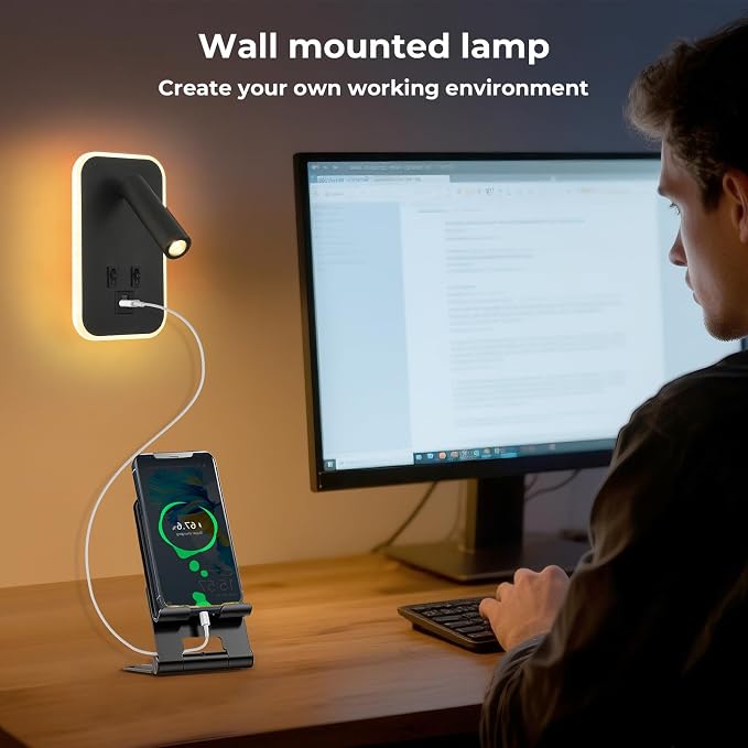 Wall Lamp with Wall Mounted Reading Lights,Modern Black Wall Sconce Plug in for Bedroom Living Room with Charging Station USB C+A Ports,Headboard Bedside Lamps with 3W+9W Night Light 3000K