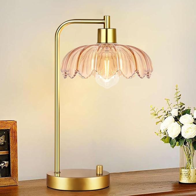 ILLMTW Glass Table Lamp Set of 2,Small Gold Bedside Lamps Dimmable Boho Bedroom Lamp with Tulip Flower Amber Lamp Shade,Vintage Mid Century Modern Mini Nightstand Lamp for Bedroom Living Room