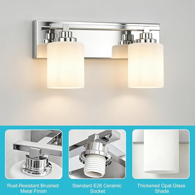 Modern Bathroom Lighting Fixtures Over Mirror, Vanity Lights for Bathroom, Wall Sconces with Milky White Glass Shades, E26 Ceramic Socket, 2-Light 14-inch Chrome
