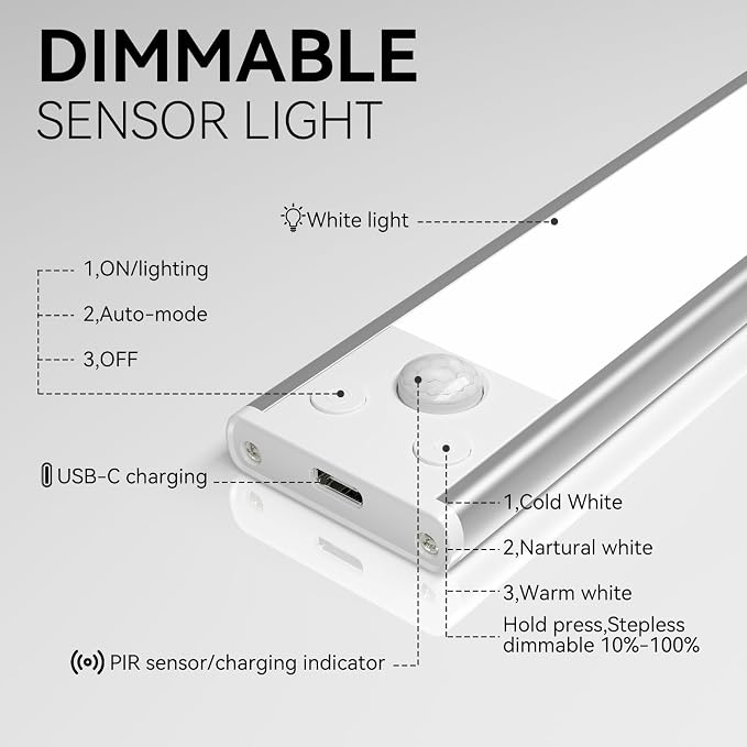 12 inch Under Cabinet Lighting 2500 mAh Closet Lights 3 Color Temps | Magnetic Motion Activated, Rechargeable Closet Lights Battery Operated Wireless Dimmable Under Counter Lights, 4 Pack