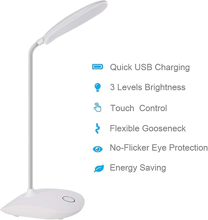 DEEPLITE 2 Pack Desk Lamp with Flexible Gooseneck 3 Level Brightness, Battery Operated Table Lamp 5W Touch Control, Compact Portable Rechargeable Desk lamp for Dorm Study Office Bedroom