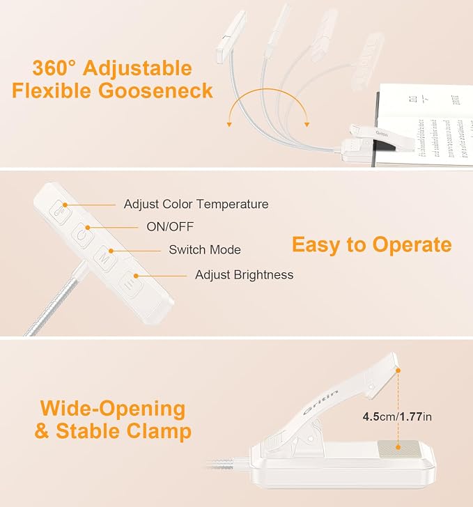 Gritin 2026 Gen 2 Book Light for Reading- 32 Eye Caring Full Spectrum LED | 5 Colors & 5 Brightness, Adjustable Wide/Narrow Beam, Upgrade 1500mAh Long-Lasting Rechargeable Clip on Light-White