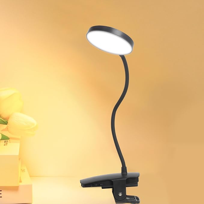 Cordless Rechargeable Clip On Desk Lamp Thick Flexible 360° Gooseneck | 450 Lumen Eye Protect Light,30 Custom Lighting Modes,5-30H Long Life Battery for Bed Headboard Desk Puzzle Craft ,Black 1 Pcs