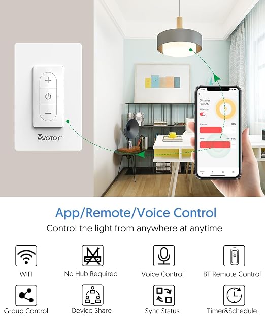 Smart Dimmer Switch with Bluetooth Remote, Single Pole One-Way WiFi Wall Switch, Smart Life App & Voice Control, Compatible with Alexa & Google Assistant, Neutral Wire Required, No Hub Needed