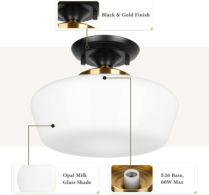 Schoolhouse Style Semi Flush Mount Ceiling Light Fixture, 12" Modern Black and Gold Ceiling Lamp with Opal Milk Glass Shade, Matte Black & Brass Farmhouse Globe Light for Bedroom Hallway Entryway