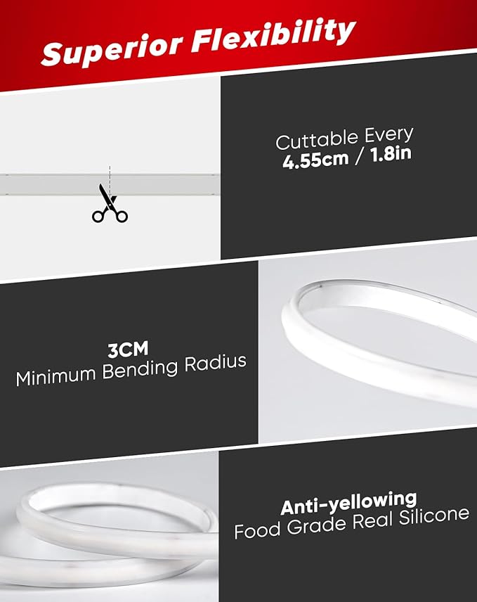 Shine Decor COB LED Rope Light AC 120V, 800lm Ultra Bright, IP65 Waterproof Cold-Resistant ETL Neon Strip, No Driver Tape Lighting for Home Commercial 10x4.5mm, 6000K Cool White, 16.4ft