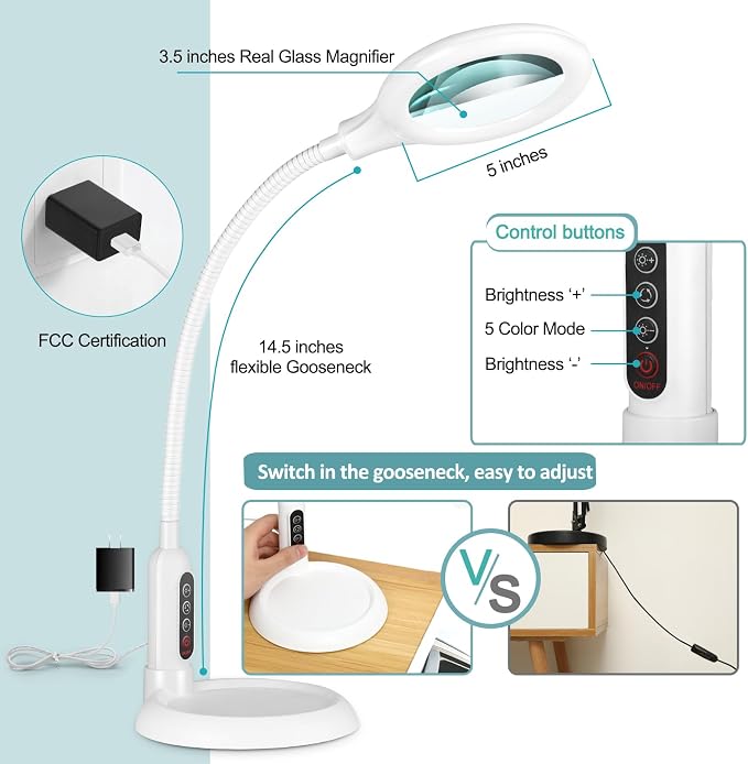 10X Magnifying Glass with Light and Clamp, 5 Color Modes Stepless Dimmable Lighted Magnifier with Stand, Flexible Gooseneck LED Desk Lamp Hands Free for Craft Painting Hobby Close Work