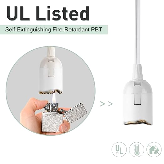 JACKYLED Extension Hanging Lantern Cord Cable Gear Switch UL 1-Pack 12Ft | 360W with E26 E27 Socket Hooks + 2-Prong US AC Power Plugs, Extra Lighting for Garage, Closet, Dark Corner, Plants