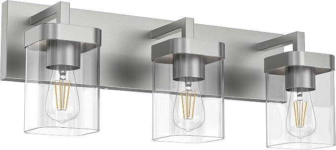 3-Light Bathroom Light Fixtures, Brushed Nickel Vanity Lights for Bathroom, Kitchen, Living Room, Modern Bathroom Vanity Lights with Clear Glass Shades