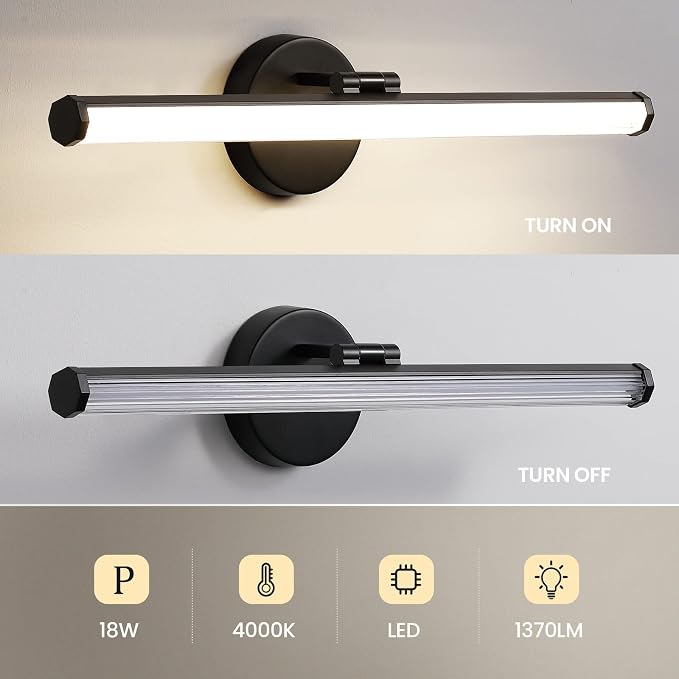 KAISITE Bathroom Light Fixture Over Mirror - Black Vanity Light 18W 4000K LED Bathroom Lighting Fixture Angle Adjustable 22 Inch Modern Vanity Light Bar for Bedroom Living Room