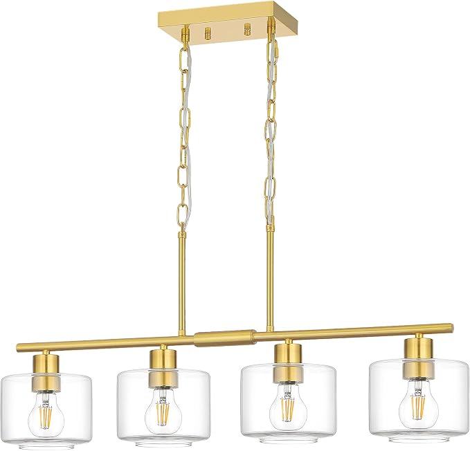 4-Light Brushed Gold Kitchen Island Lighting, Modern Linear Dining Room Chandelier Light Fixtures with Clear Glass and Chain, Mid Century Hanging Lights for Kitchen Island, OS-YQ8153-4ISBGC