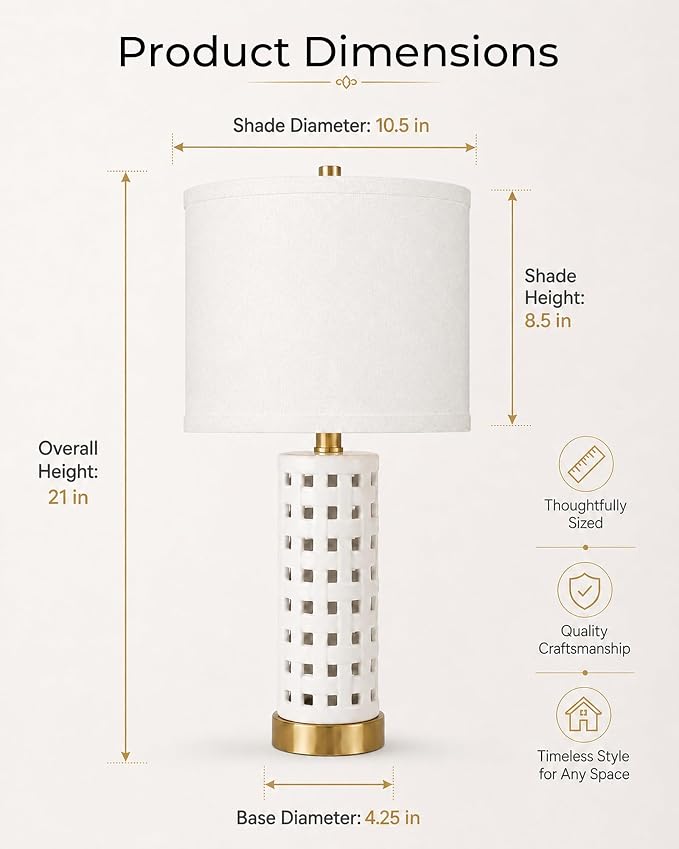 Alethiea 21" Ceramic Table Lamp with Dual Lighting, Hollow Square Base with Built-in Ambient Light, Farmhouse Bedside Nightstand Lamp with Fabric Shade for Bedroom Living Room