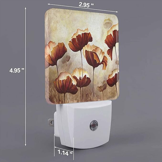 LED Night Light,Poppies Flower Artwork Vintage Brown Lotus LED Night Light Plug into Wall with Dusk to Dawn Light Sensor White Energy Efficient Nightlight for Bedroom Hallway Living Room Kitchen