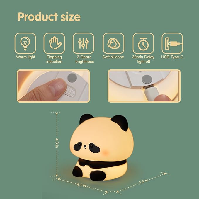 VTIGER Panda Night Light, LED Squishy Cute Lamp, Night Light for Kids, Silicone Panda Light, Dimmable Girls Baby Bedroom Nightlight, Rechargeable Touch Lamp for Breastfeeding Nursery Decor (TT)