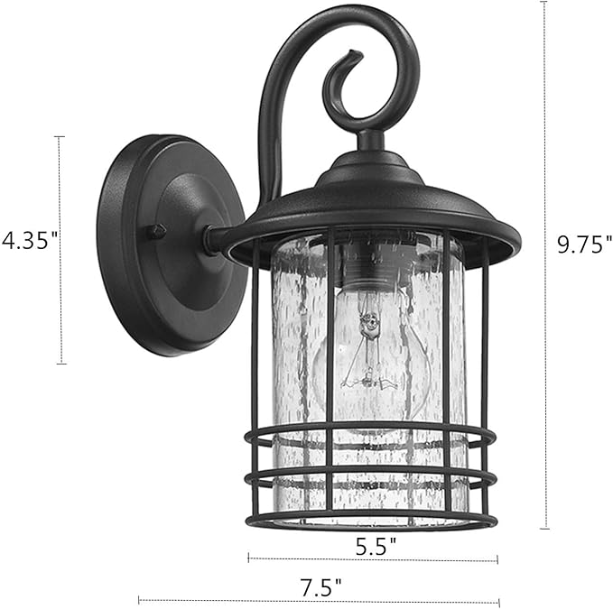 MICSIU 5.5" Wide Compact Narrow Farmhouse Matte Black Porch Light 2 Pack | Max 23W 9.8" Outdoor Light Fixture with Seedy Glass, Anti-Rust Round Exterior Lantern for Garage Pillar & Side Door, Patio