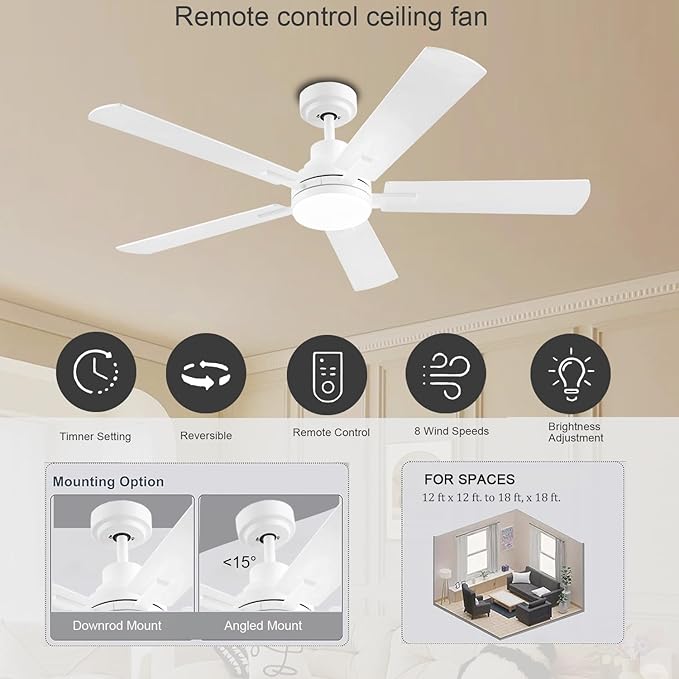 52 Inch Smart Ceiling Fan with Lights, Remote & App Control, DC Reversible Motor, 8 Speeds Quiet 35dB, 3CCT Dimmable LED, Low Profile Modern Ceiling Fans for Bedroom Living Room, White
