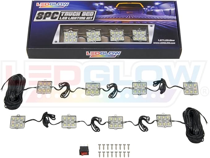 LEDGlow 8pc White Truck Bed Cargo LED Lighting Kit - Universal - Durable, Waterproof Pod Lights Mount Under The Bed Rails - Includes On/Off Toggle Power Switch