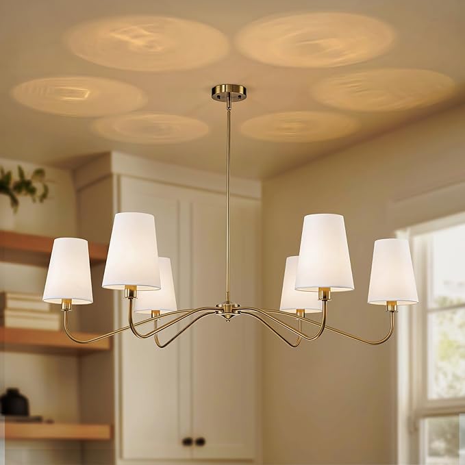 47'' Brushed Gold Chandelier with Shades, 6-Light Modern Chandelier for Living Room, Large Dining Room Light Fixture, Brass Large Classic Pendant Light Fixture for Kitchen Height Adjustable E12 Base