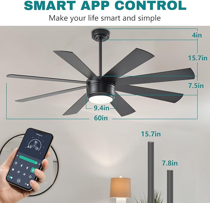 SHOWDI Ceiling Fan with Lights and Remote Control, 8 Blade App Commercial Industrial Ceiling Fan with Lights Reversible Stepless Brightness and Color Temperature (Black, 60 Inch)