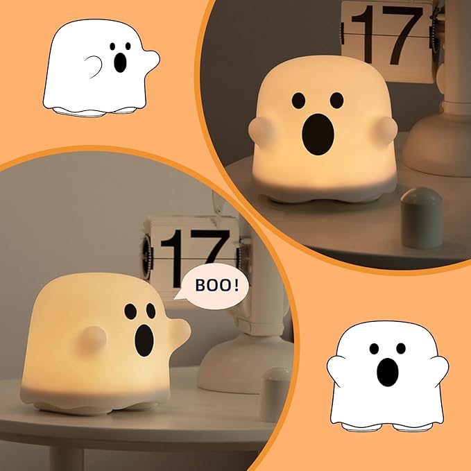 Ghost Night Light, Cute White Night Lamp for Bedroom USB Rechargeable Lamps Adjustable Brightness, Nursery Bedside Delay-Off Nightlight for Birthday Gift Halloween Christmas