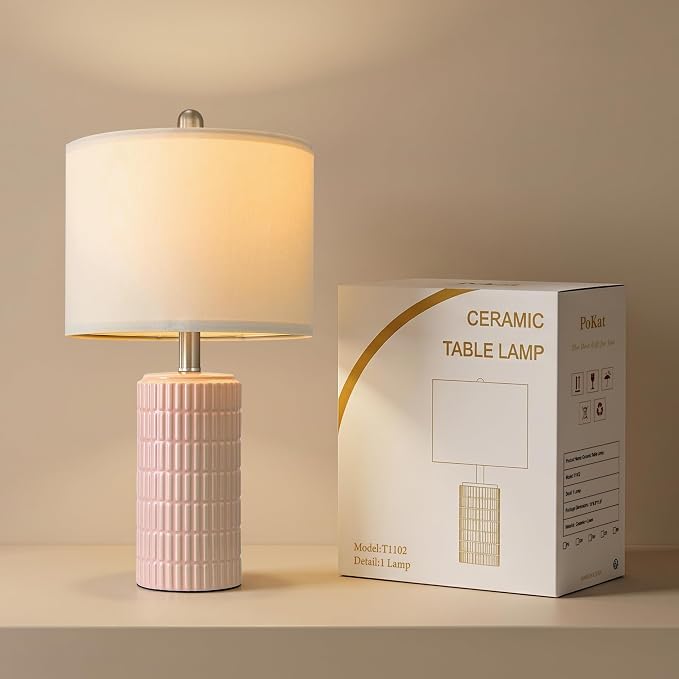 PoKat 21'' Pink Ceramic Table Lamp with Gift Box, Modern, Small for Bedroom | Nightstands lamps for bedside, farmhouse home decor for girls room, ideal housewarming birthday gift for kids women teen