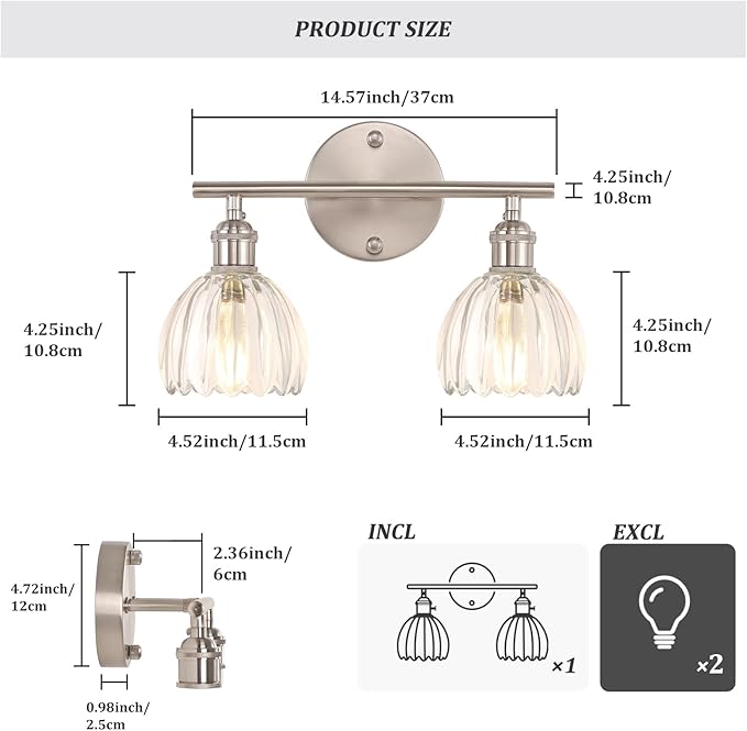 Bathroom Light Fixtures, 2-Light Vanity wall Light Over Mirror with Clear Tulip Glass Shade for Bedroom Living Room (Bulb Not Included), Satin Nickel