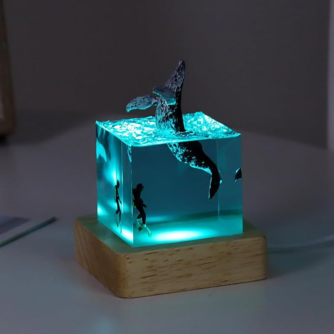 Shark Diver Night Lamp, Table Lamp, Handmade Resin Shark Lamp, Ocean Resin Cube Jewelry, Glow-in-the-Dark Night Lamp, Novelty Desktop Gift (Humpback Whale - Leaping Water)
