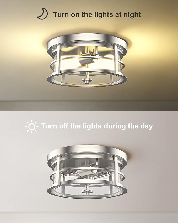 EAPUDUN Flush Mount Ceiling Light, 12inch 2-Light Modern Close to Ceiling Light Fixture, Brushed Nickel Finish with Clear Glass Shade for Hallway Entryway Bedroom Porch FMA1412-BNK