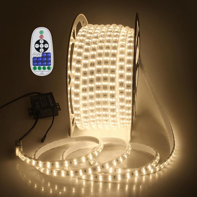 Aclorol 40M LED Rope Light Outdoor Waterproof Led Strip Light 131FT AC110V-120V Dimmable Double Row Warm White Plug in Rope Light with Remote for Outside Garden Patio Indoor Outdoor Backyards Decor
