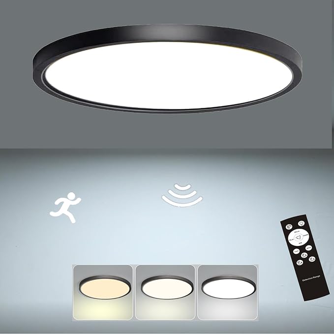 12in Motion Sensor Ceiling Light Indoor, 24W 2400LM, Black | Hardwired Flush Mount, Remote Dimmable, 3000K/4000K/6000K, Closet Hallway Porch Laundry Stairway Basement