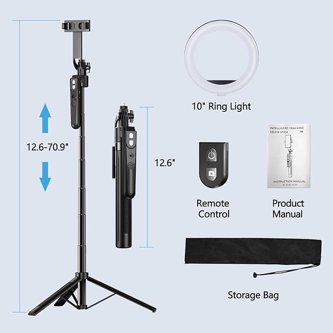 70.9" Auto Face Tracking Tripod with 360 Rotation & 10" Ring Light, Phone Tripod & Selfie Stick with Remote for Cell Phone 4"-7", Motion Sensor for Live Stream Vlog Video Recording