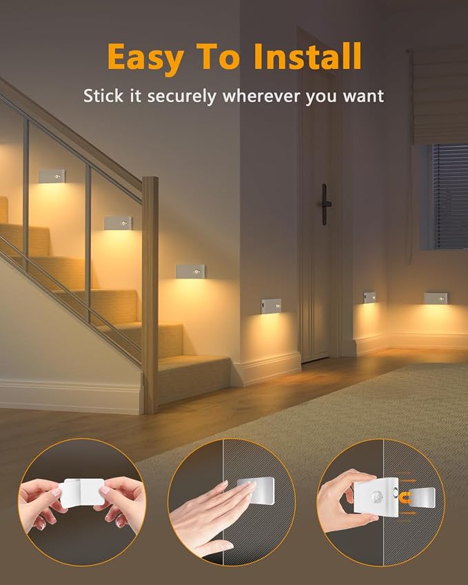WILLED Rechargeable Night Light,Warm White Motion Sensor Stair Light Indoor | Wireless Stair Lights for Stairway,Hallway,Kitchen,Closet,Cabinet,Bedroom,Kids' Room(8-Pack)