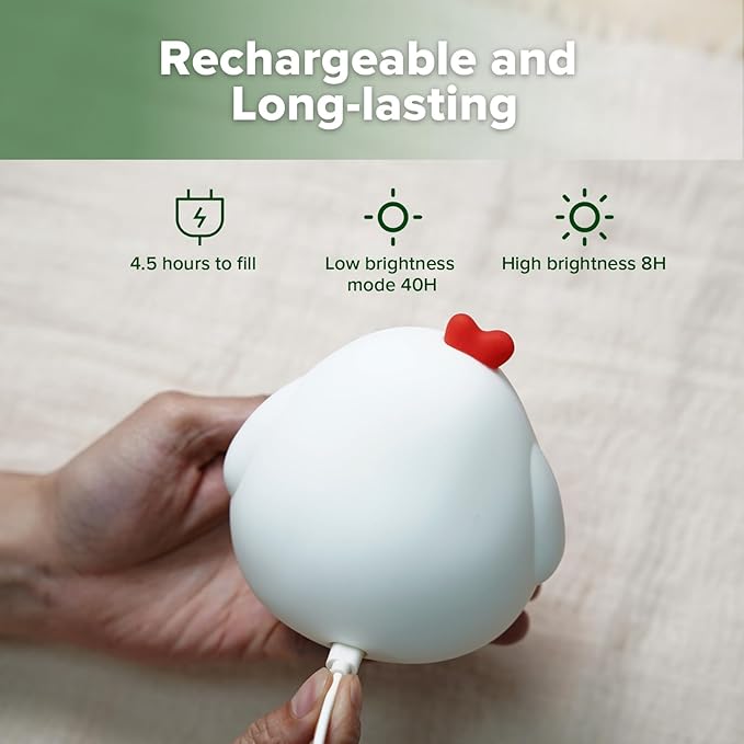 haakaa Baby Night Light | USB Rechargeable LED Funny Animal Cute Chicken Squishy Lamp for Kids,2-Level Dimmable Silicone Nursery Nightlight with 15/30 Min Timer for Breastfeeding