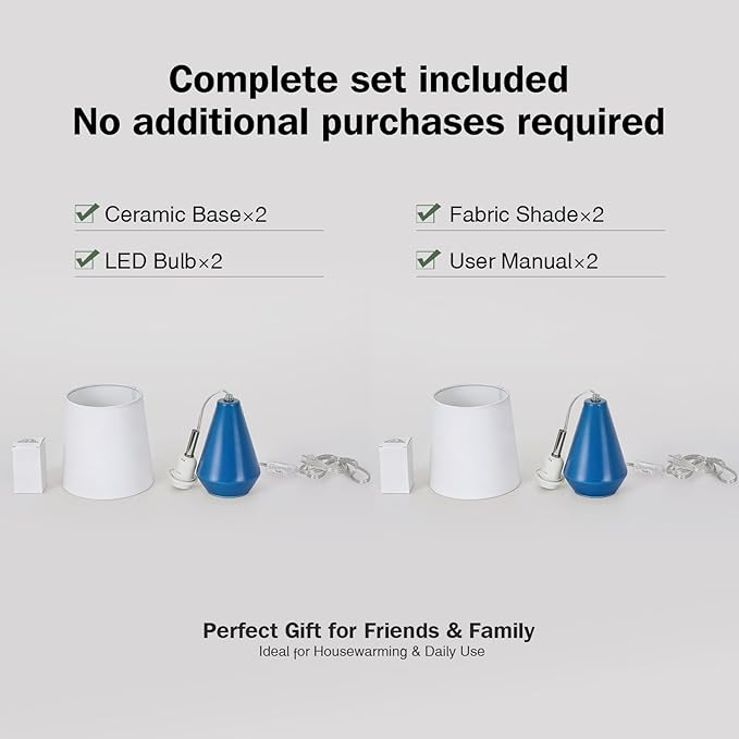 Small Bedside Table Lamp for Bedroom-Reading Desk Lamp Set of 2,with 3 Color Temperatures,15.5" Nightstand Ceramic Lamp with Fabric Shade for Kids Room,Living Room,Dorm,Home Office(Blue+White)