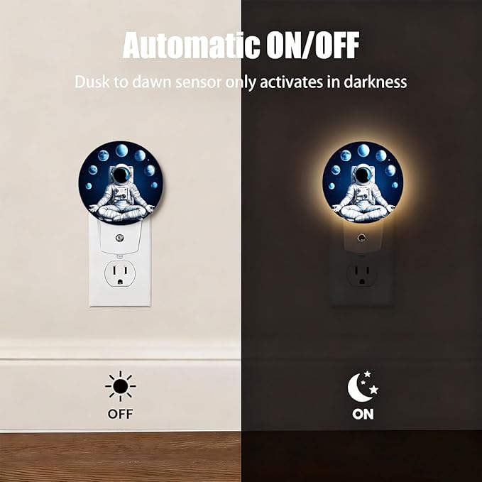 Plug-in Astronaut Night Light Planets Moons Cosmic Meditation Night Lights Plug into Wall with Auto on/Off Sensor, 0.5W LED Nightlight for Bedroom Bathroom Kitchen Hallway
