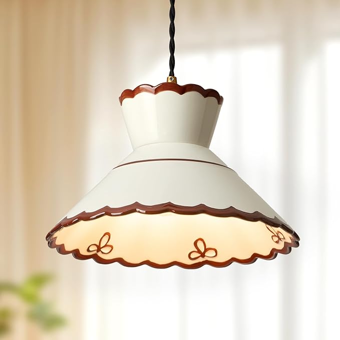 Vintage Ceramic Pendant Light, 9.5" Farmhouse Scalloped Hanging Light, Cream White Pendant Lighting with Painted Bowknot for Kitchen Island, Dining Room, Bedroom Bedside, Cafe