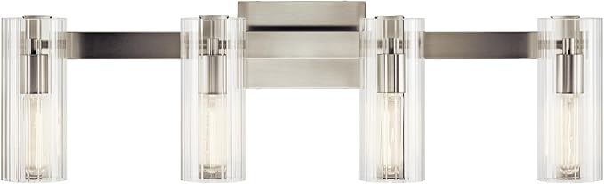 Kichler Jemsa 4 Light Vanity, Modern Light with Clear Fluted Glass in Brushed Nickel for Bathroom or Powder Room (9.75" x 32"), 55169NI