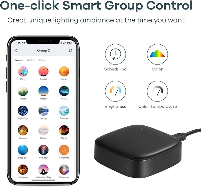 Linkind Outdoor Lights Smart Hub, Bluetooth Mesh Networks Group Control 32 Devices, 43 Dynamic Preset Scenes and Multiple Music via Remote Control, USB Charged, Work with Alexa and Google Assistant