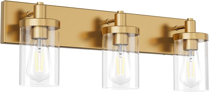 Aipsun Gold Vanity Light 3 Lights Bathroom Vanity Lighting Fixtures Over Mirror Bathroom Wall Light with Clear Glass Shade(Exclude Bulb)